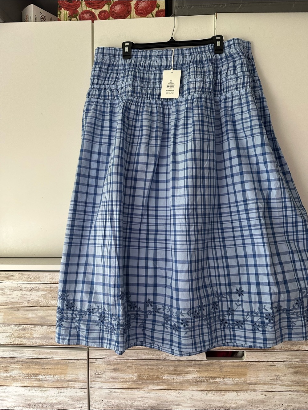 💙🤍 NWT Free Assembly Plaid Smocked Maxi Skirt XXL 20 Embroidered Pockets